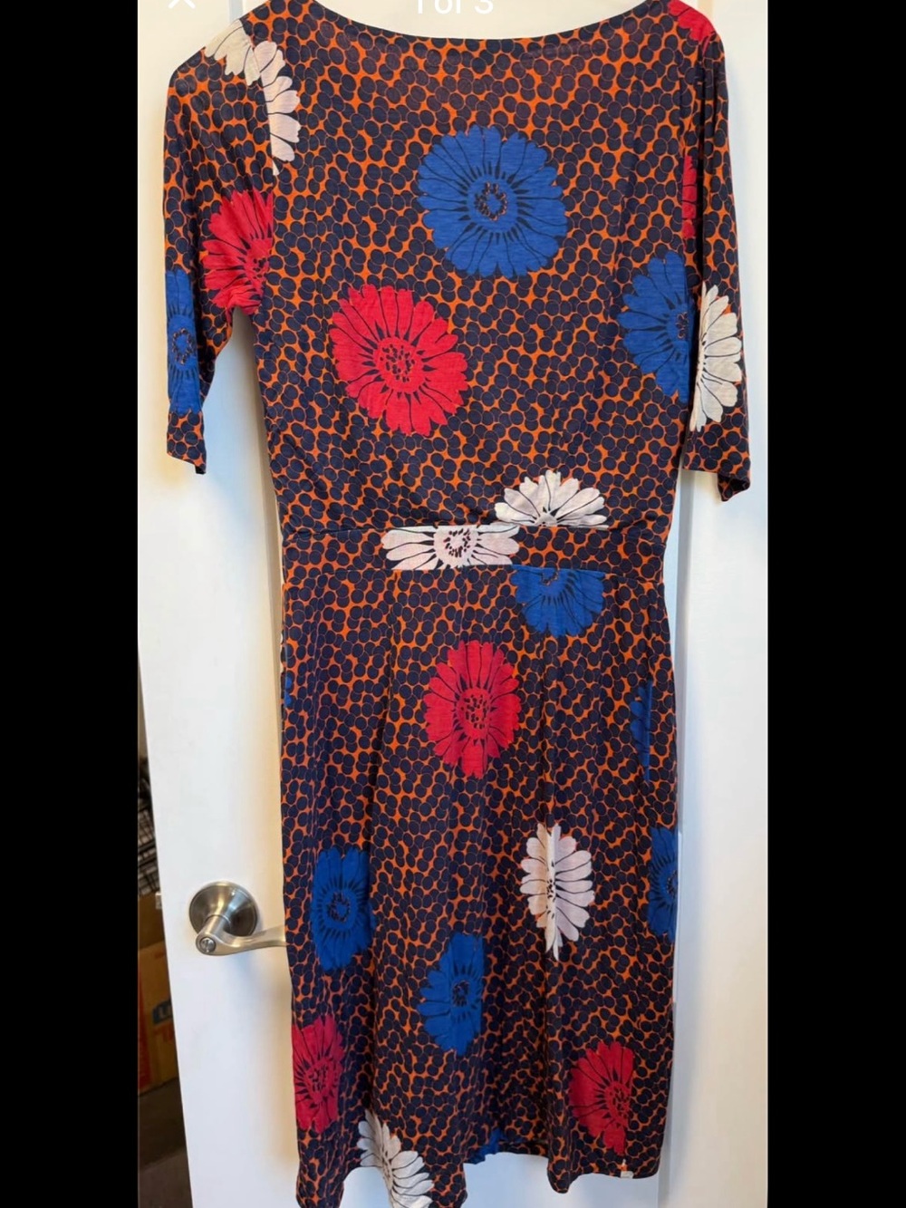 Boden Navy Midi Dress with Red, Blue, and Cream Floral Print